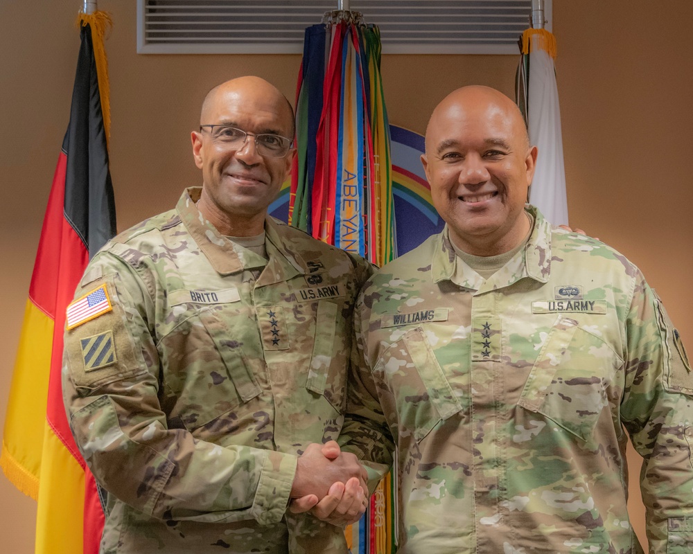 Gen. Darryl Williams welcomes Gen. Gary Brito at Clay Kaserne in Wiesbaden