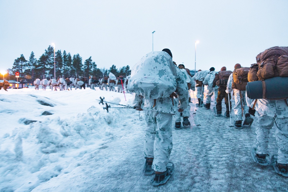 U.S. Marines and Sailors execute an ice-breaker drill before Exercise Nordic Response 24