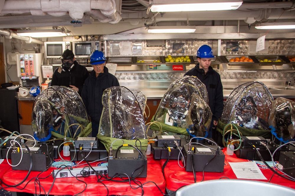 USS Ronald Reagan (CVN 76) conducts Chemical, Biological and Radiological mask and suit fitting