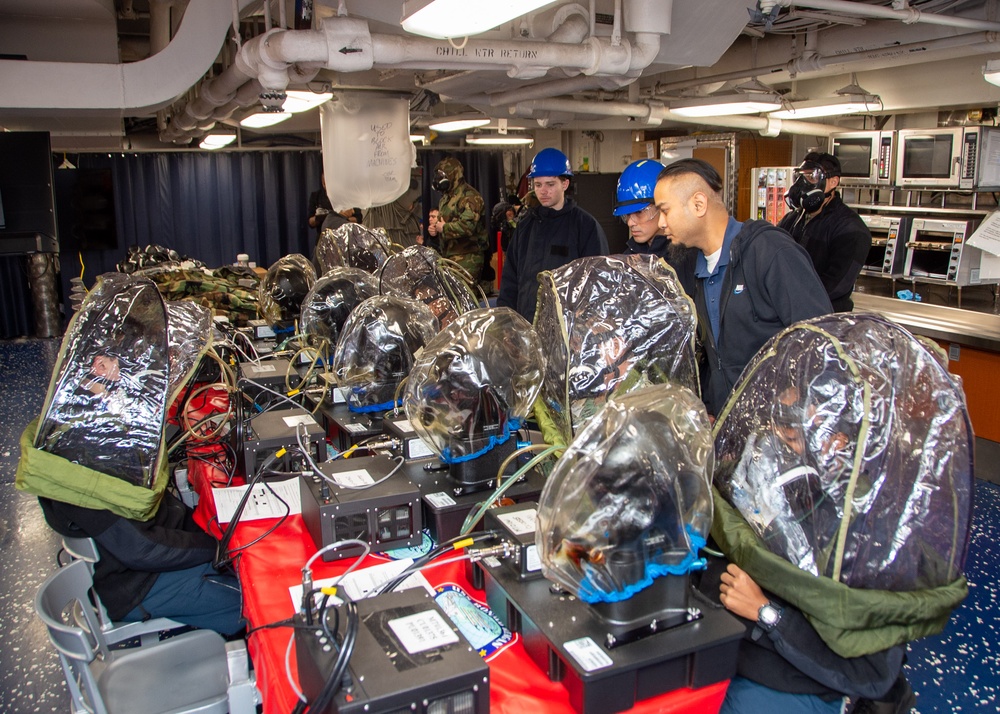 USS Ronald Reagan (CVN 76) conducts Chemical, Biological and Radiological mask and suit fitting