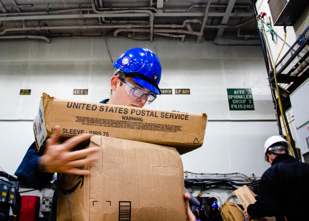 USS Ronald Reagan (CVN 76) Sailors move and process mail