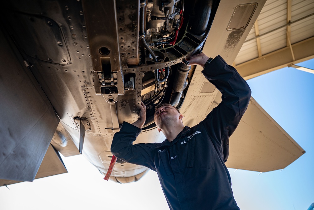 The F-16 Viper Demonstration Team perform jet maintenance during the off season