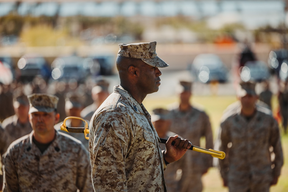 CLB 7 Sgt. Maj. James Foster is relieved by Sgt. Maj. Michael Allen during a relief and appointment ceremony