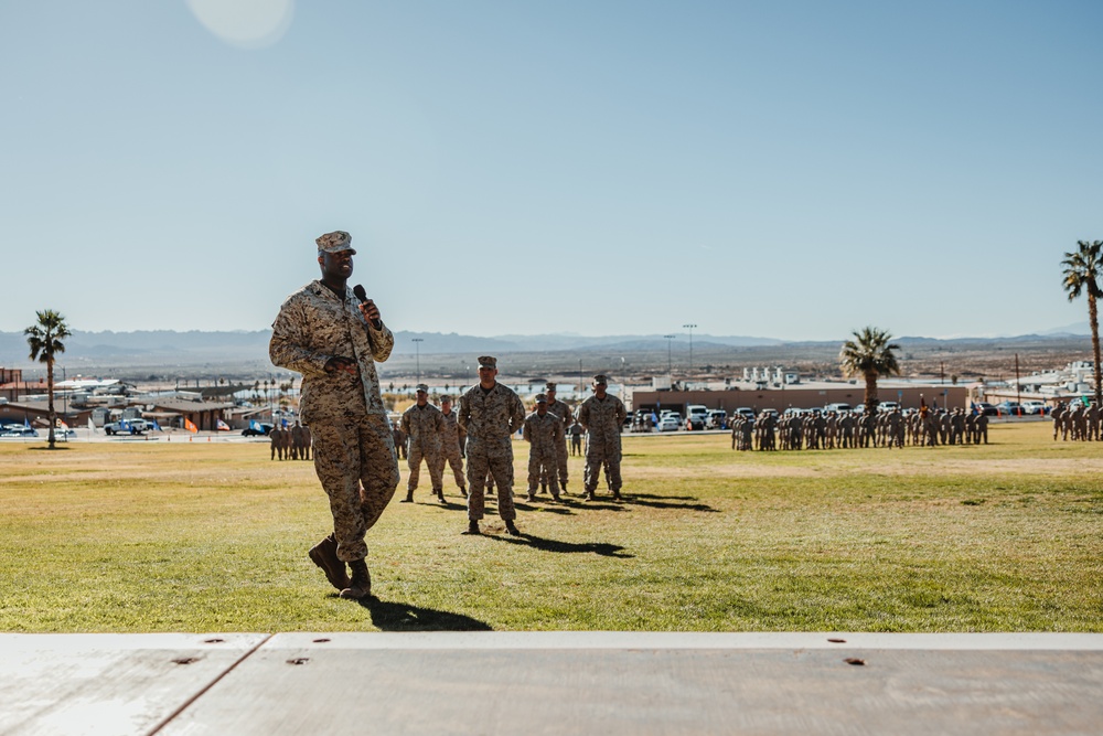 CLB 7 Sgt. Maj. James Foster is relieved by Sgt. Maj. Michael Allen during a relief and appointment ceremony