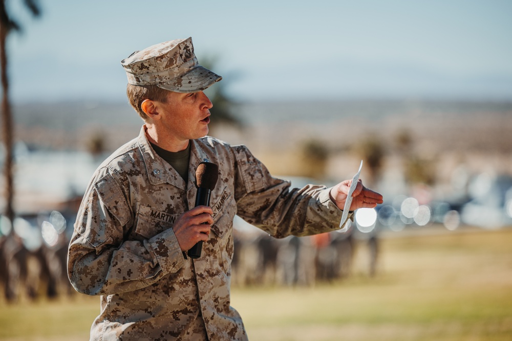 CLB 7 Sgt. Maj. James Foster is relieved by Sgt. Maj. Michael Allen during a relief and appointment ceremony