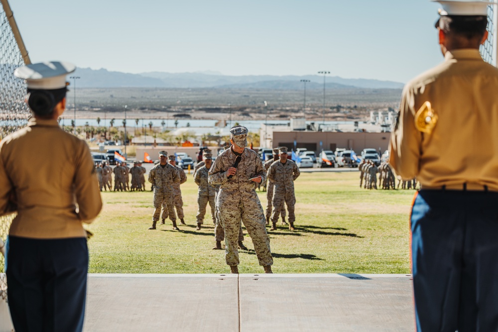 CLB 7 Sgt. Maj. James Foster is relieved by Sgt. Maj. Michael Allen during a relief and appointment ceremony