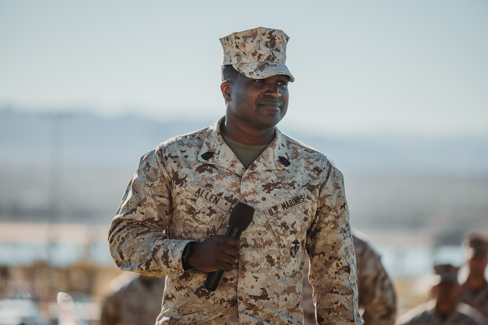 CLB 7 Sgt. Maj. James Foster is relieved by Sgt. Maj. Michael Allen during a relief and appointment ceremony