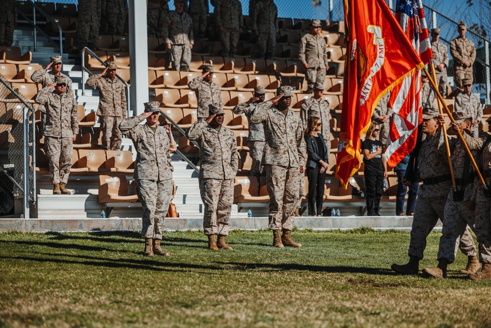 CLB 7 Sgt. Maj. James Foster is relieved by Sgt. Maj. Michael Allen during a relief and appointment ceremony