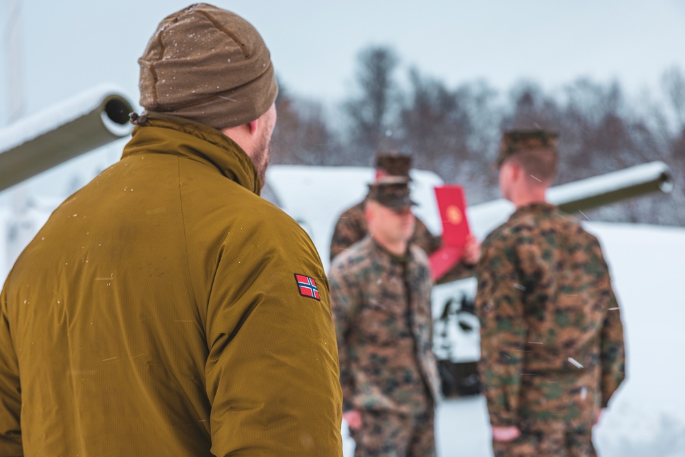 U.S. Marine pinned meritorious sergeant by members of the Norwegian Army