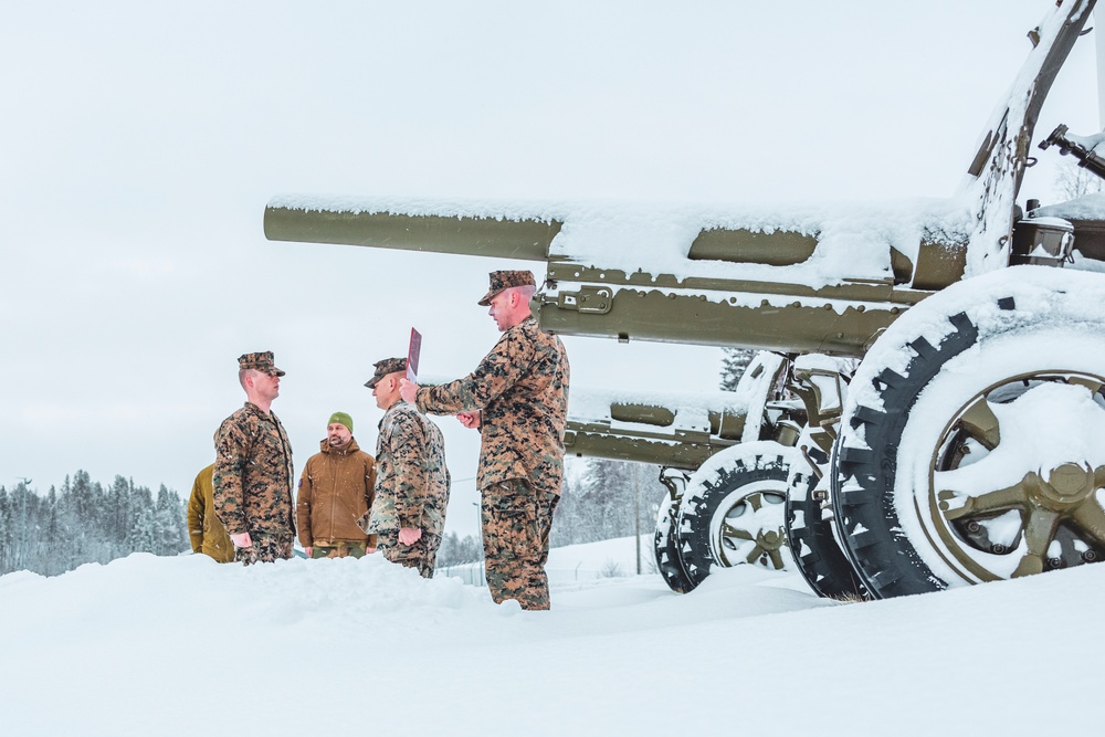 U.S. Marine pinned meritorious sergeant by members of the Norwegian Army