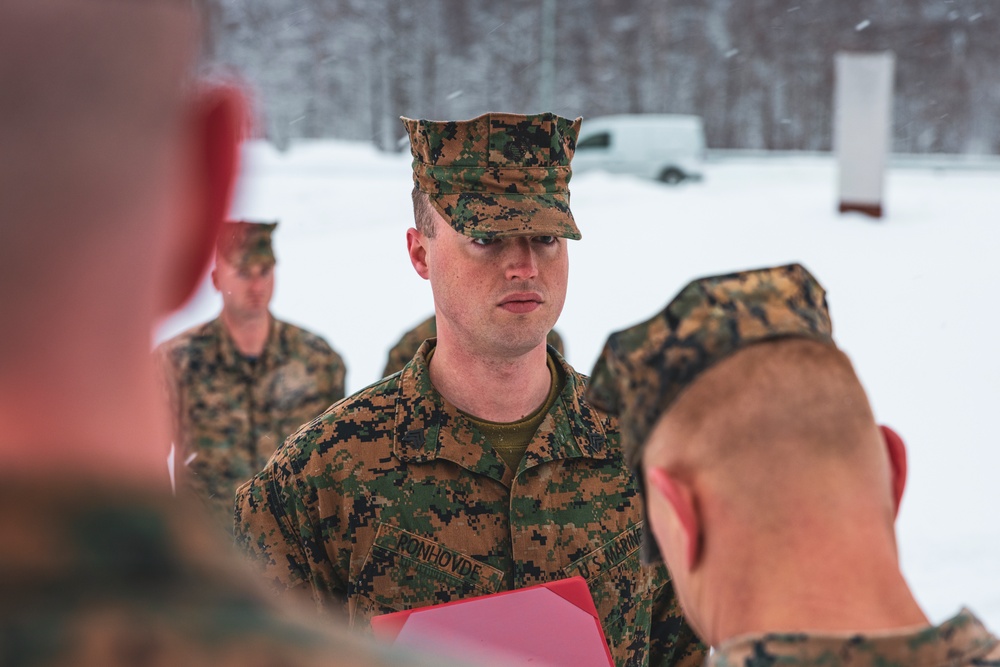 U.S. Marine pinned meritorious sergeant by members of the Norwegian Army