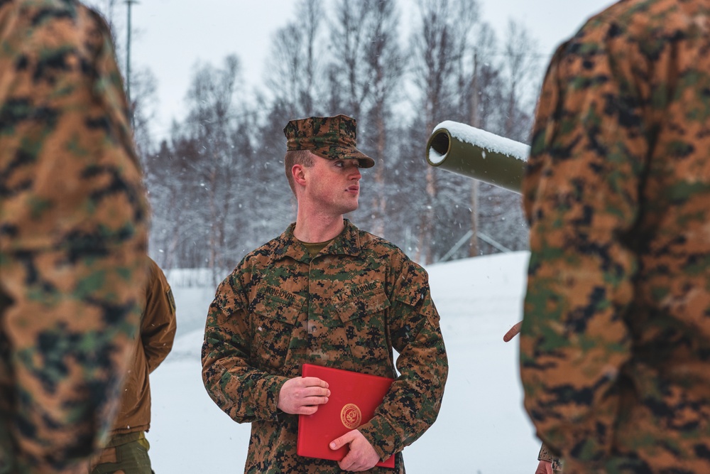 U.S. Marine pinned meritorious sergeant by members of the Norwegian Army