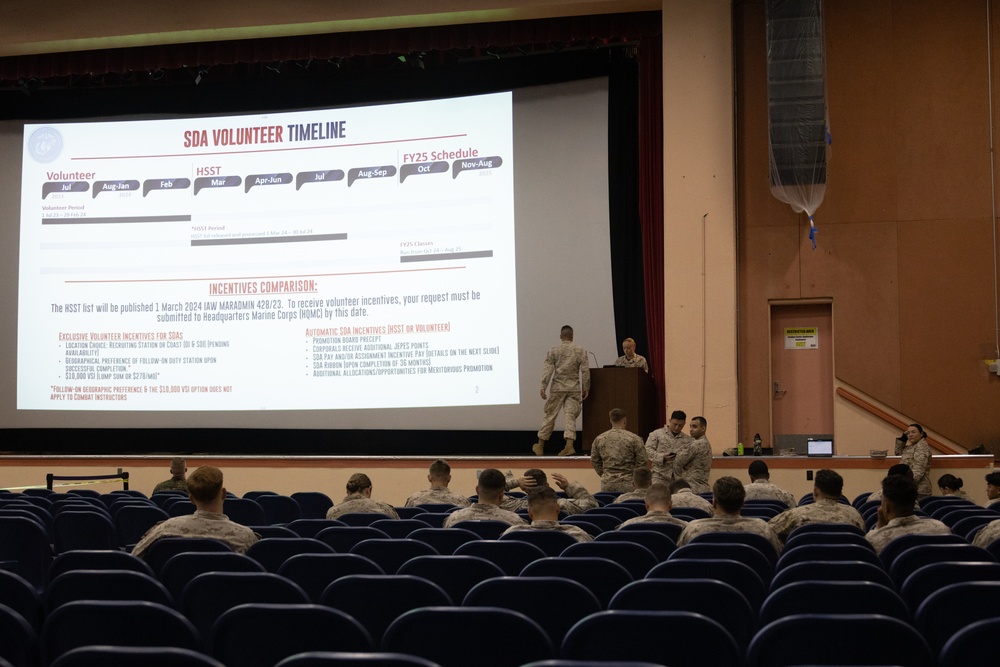 Marines from around MCAGCC attend a special duty assignment brief