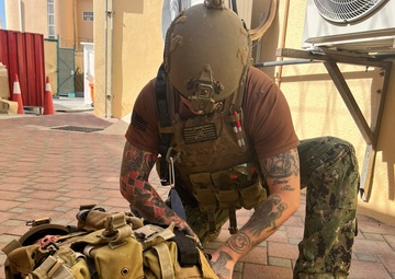 Sailors assigned to Maritime Expeditionary Security Squadron TWO (MSRON TWO) conduct Tactical Combat Casualty Care (TCCC) Tier-1 training on their Fujairah deployment.