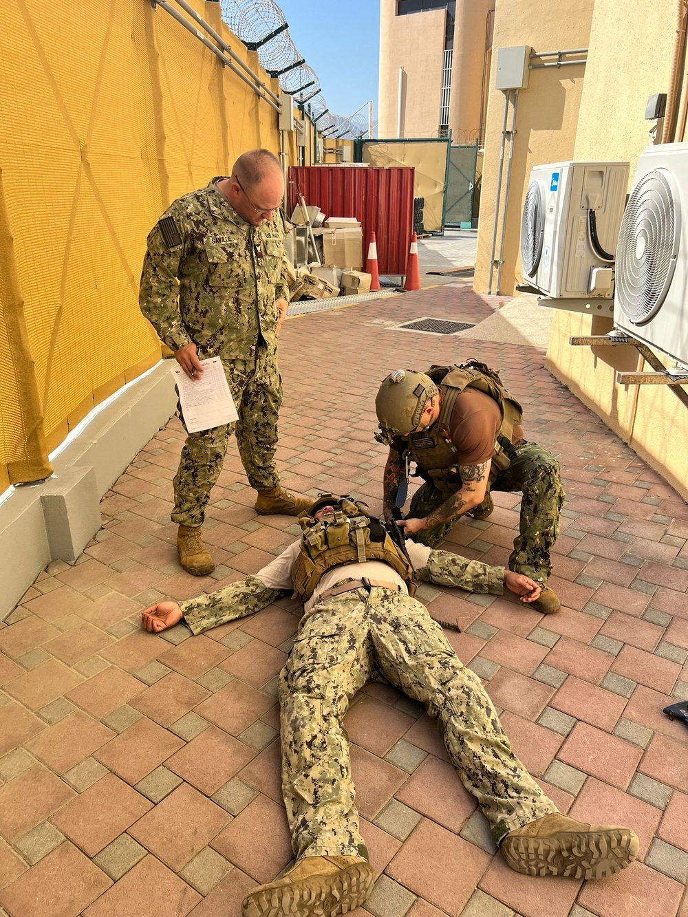 Sailors assigned to Maritime Expeditionary Security Squadron TWO (MSRON TWO) conduct Tactical Combat Casualty Care (TCCC) Tier-1 training on their Fujairah deployment.