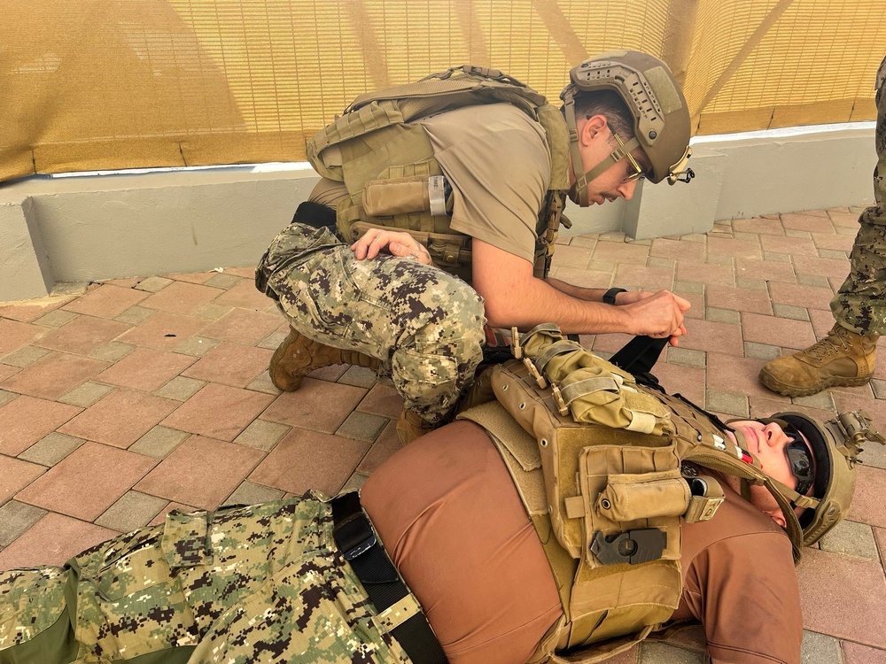 Sailors assigned to Maritime Expeditionary Security Squadron TWO (MSRON TWO) conduct Tactical Combat Casualty Care (TCCC) Tier-1 training on their Fujairah deployment.