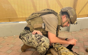 Sailors assigned to Maritime Expeditionary Security Squadron TWO (MSRON TWO) conduct Tactical Combat Casualty Care (TCCC) Tier-1 training on their Fujairah deployment.