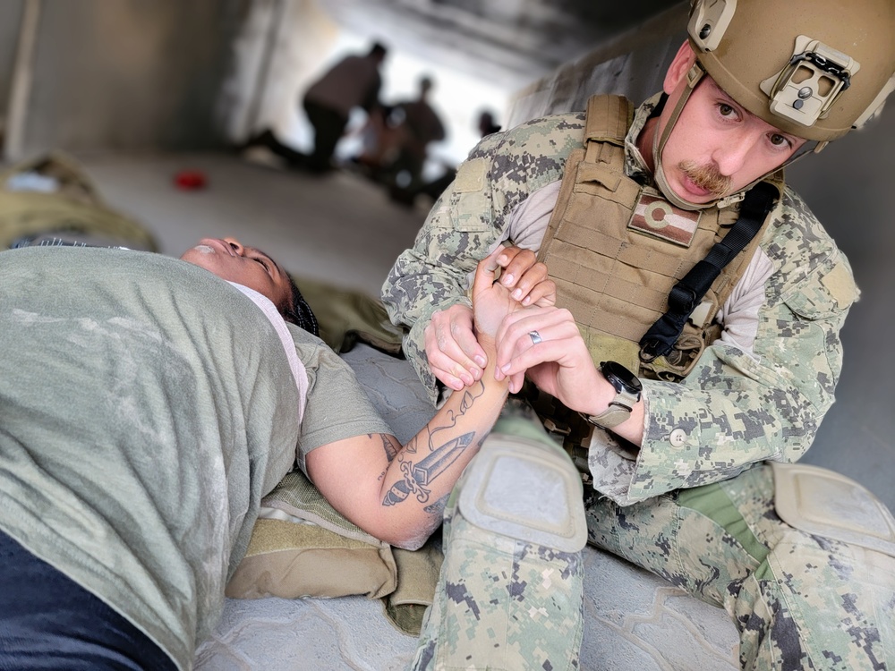 Sailors assigned to Maritime Expeditionary Squadron 2 (MSRON 2), participate in Tactical Casualty Combat Care (TCCC) Tier 2 Course.