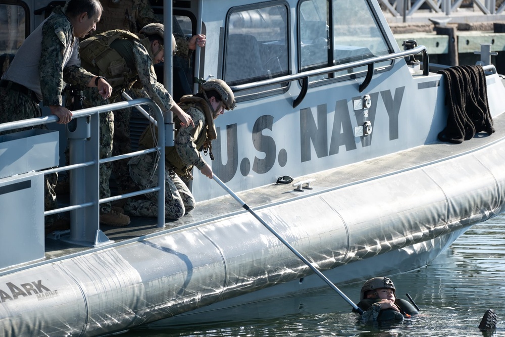 Maritime Expeditionary Security Squadron TWO (MSRON TWO) Sailors assigned to Alpha company conducted man overboard recovery training.