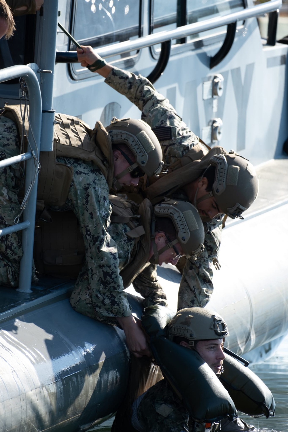 Maritime Expeditionary Security Squadron TWO (MSRON TWO) Sailors assigned to Alpha company conducted man overboard recovery training.