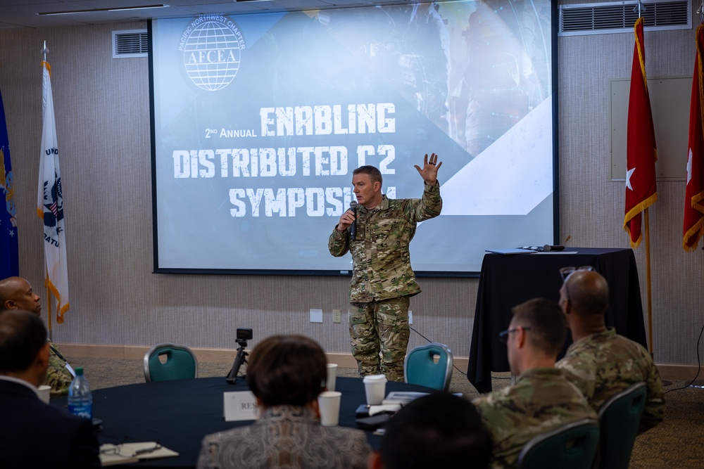 NETCOM Commanding General Major General Christopher Eubank delivers keynote address at (AFCEA) Enabling Distributed C2 Symposium on JBLM
