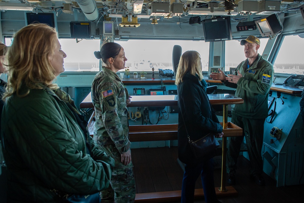 Cmdr. Douglas Ivanac, USS Gerald. R. Ford (CVN 78) navigator, gave a tour of the ship's bridge to members of the USSTRATCOM Component Commanders Conference, Feb. 5, 2024.