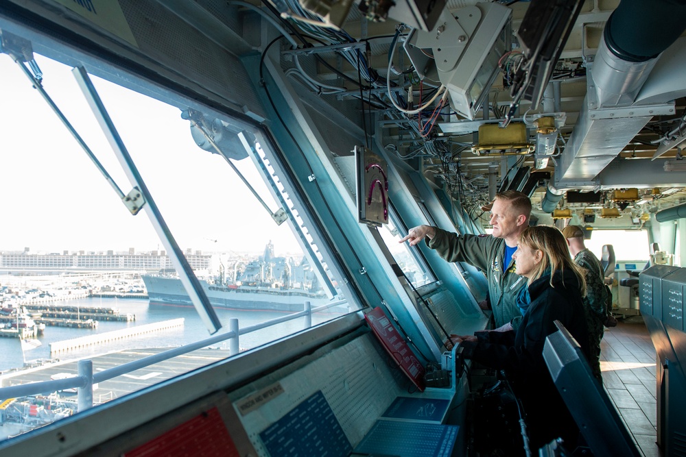 USS Gerald R. Ford (CVN 78) Commanding Officer Capt. Rick Burgess gave a tour of the ship's bridge to members of the USSTRATCOM Component Commanders Conference of, Feb. 5, 2024.