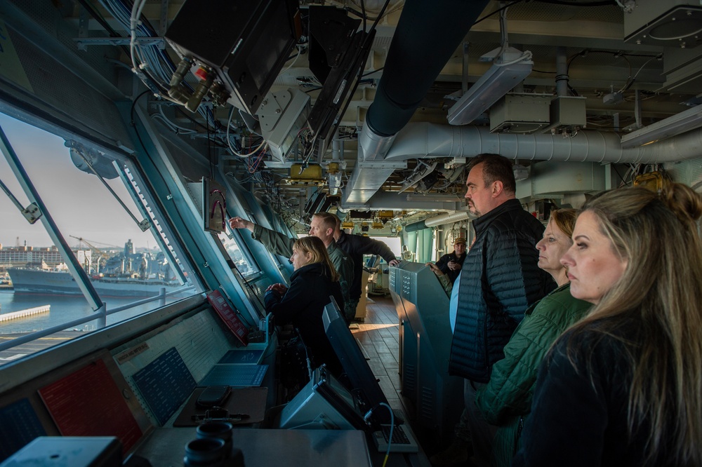 USS Gerald R. Ford (CVN 78) Commanding Officer Capt. Rick Burgess gave a tour of the ship's bridge to members of the USSTRATCOM Component Commanders Conference of, Feb. 5, 2024.