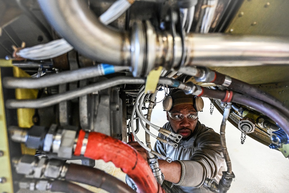 Airman Inspects Fasteners on Jet Engine at Selfridge Air National Guard Base