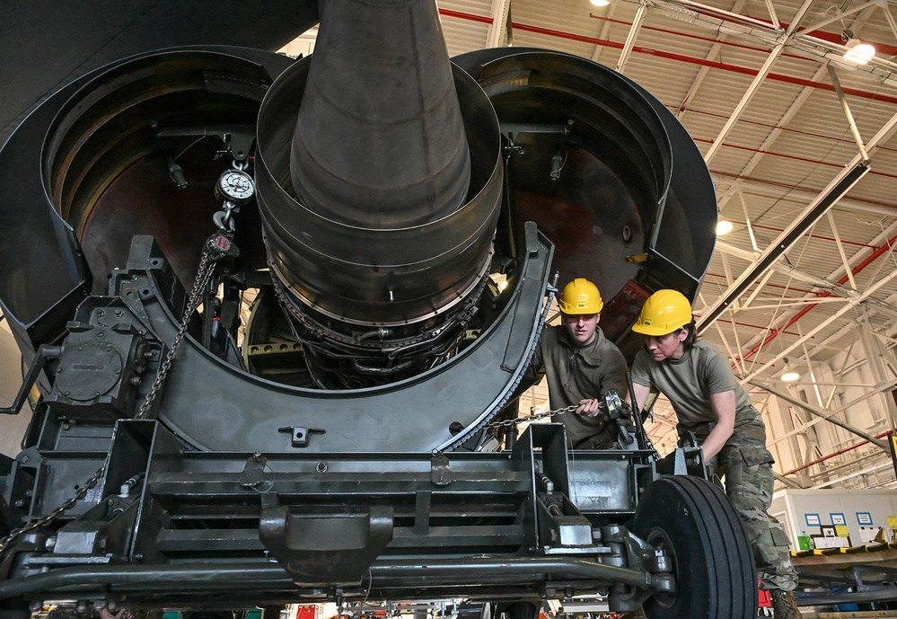 Selfridge Air National Guard Base Airmen Inspect Jet Engine During Engine Change