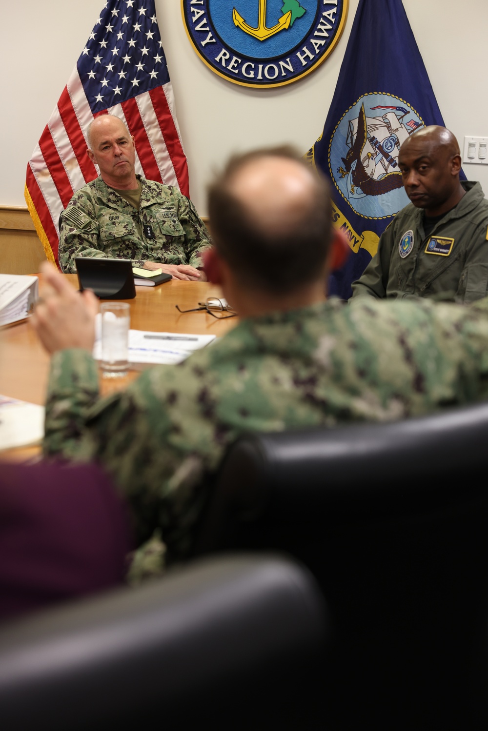 DVIDS - Images - Vice Adm. Scott Gray, commander, Navy Installations  Command, left, meets with Rear Adm. Steve Barnett, commander, Navy Closure  Task Force - Red Hill, right, and Rear Adm. [Image 1 of 2]