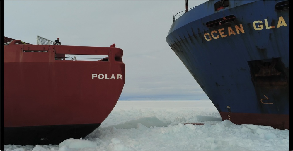 Coast Guard Cutter Polar Star (WAGB 10) escorts supply ships to McMurdo Station, Antarctica