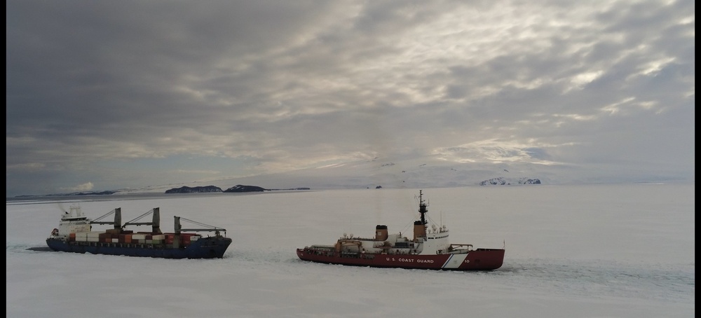 Coast Guard Cutter Polar Star (WAGB 10) escorts supply ships to McMurdo Station, Antarctica