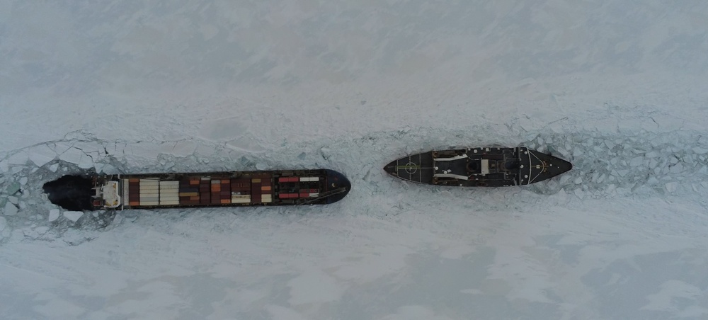 Coast Guard Cutter Polar Star (WAGB 10) escorts supply ships to McMurdo Station, Antarctica