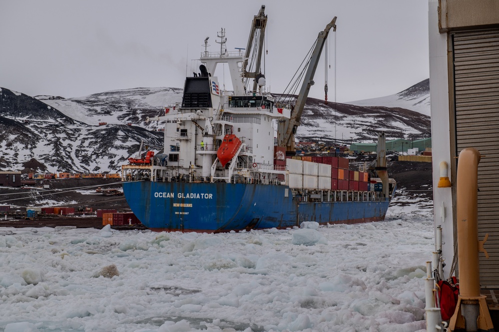 Coast Guard Cutter Polar Star (WAGB 10) escorts supply ships to McMurdo Station, Antarctica