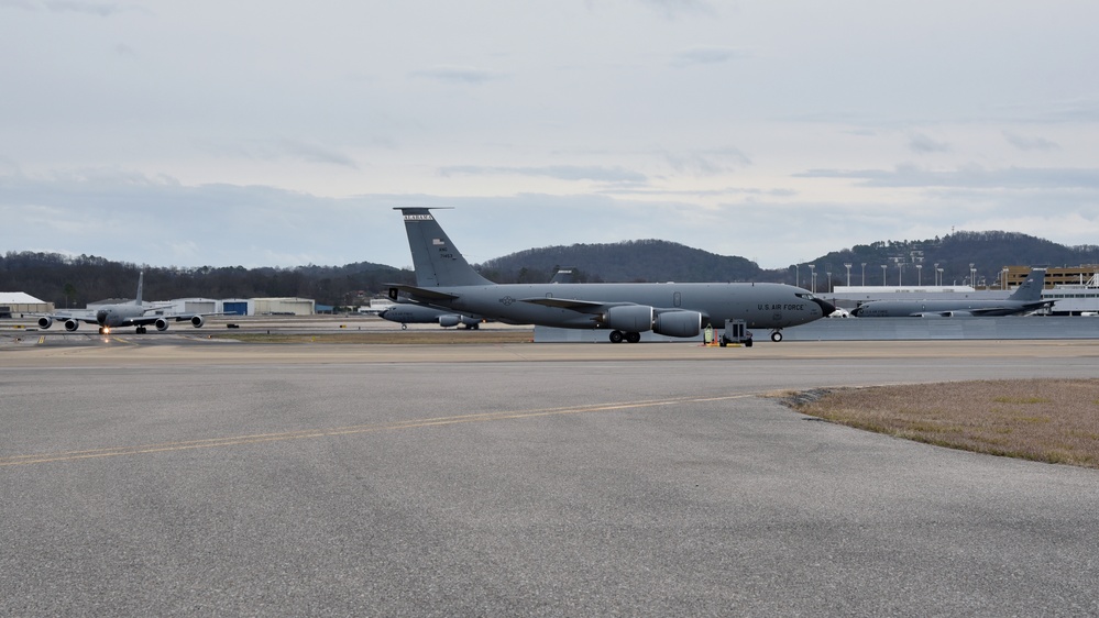 Four KC-135R Stratotankers taxi and park at the 117th Air Refueling Wing