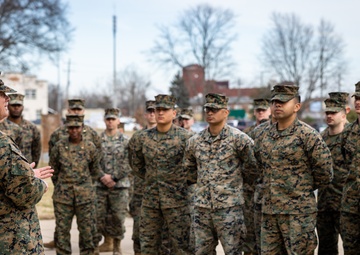Lance Cpl. Marina Camponescki receives the Marine Corps Installations Command Marine of the Year award