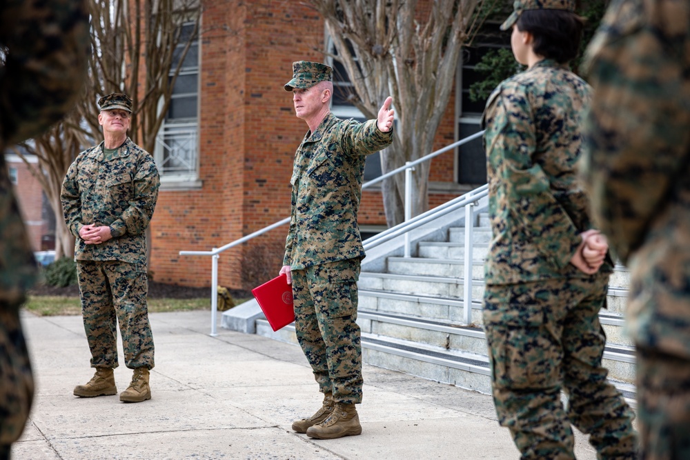 Lance Cpl. Marina Camponescki receives the Marine Corps Installations Command Marine of the Year award