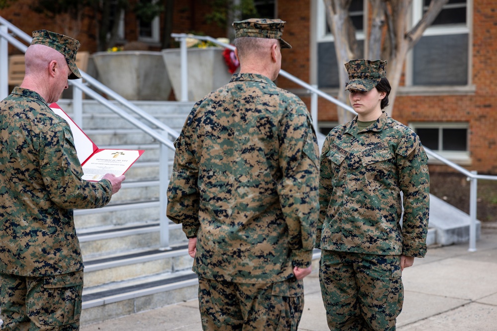 Lance Cpl. Marina Camponescki receives the Marine Corps Installations Command Marine of the Year award
