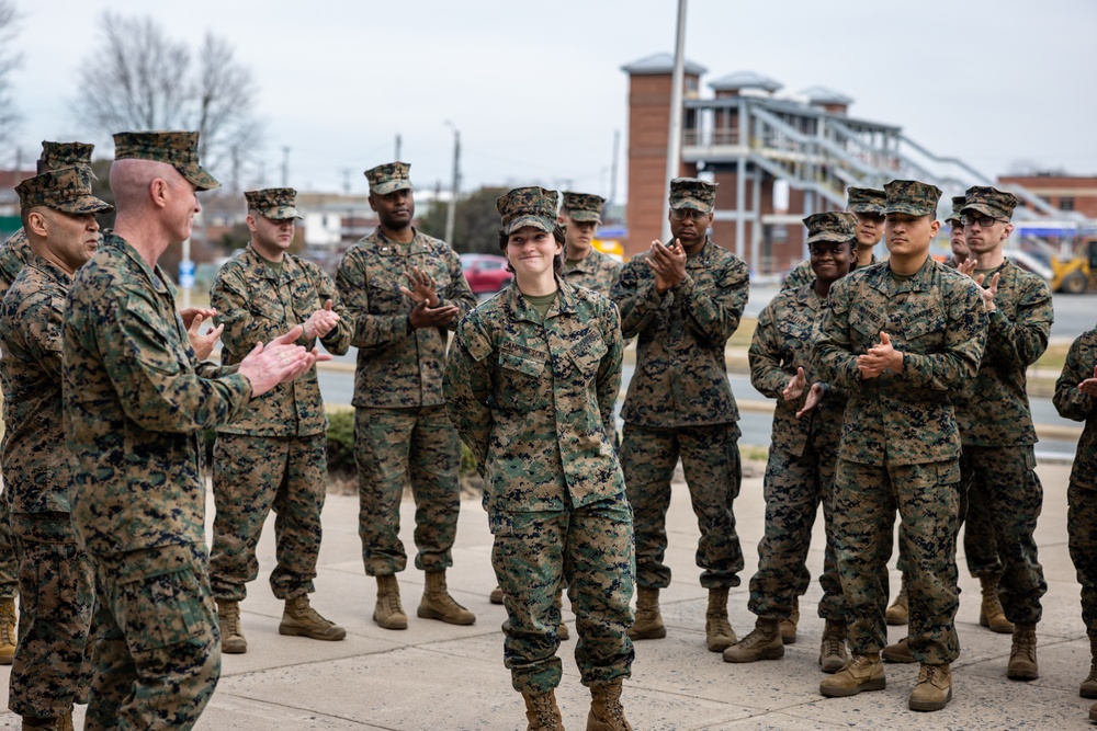 Lance Cpl. Marina Camponescki receives the Marine Corps Installations Command Marine of the Year award