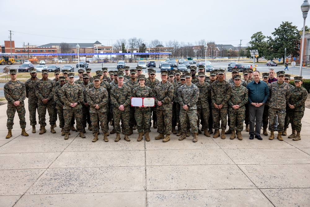 Lance Cpl. Marina Camponescki receives the Marine Corps Installations Command Marine of the Year award