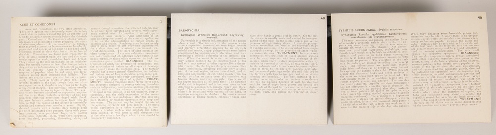 The backs of three stereoscopic cards from ‘The Stereoscopic Skin Clinic.’