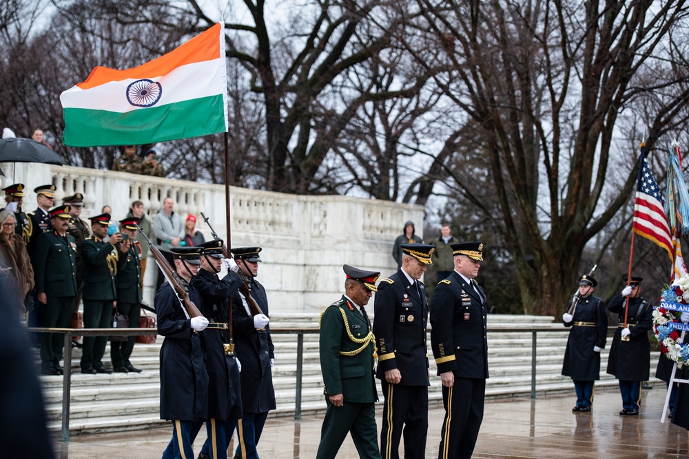 Chief of Staff of the India Army Gen. Manoj Pande Participates in an Army Full Honors Wreath-Laying Ceremony at the Tomb of the Unknown Soldier