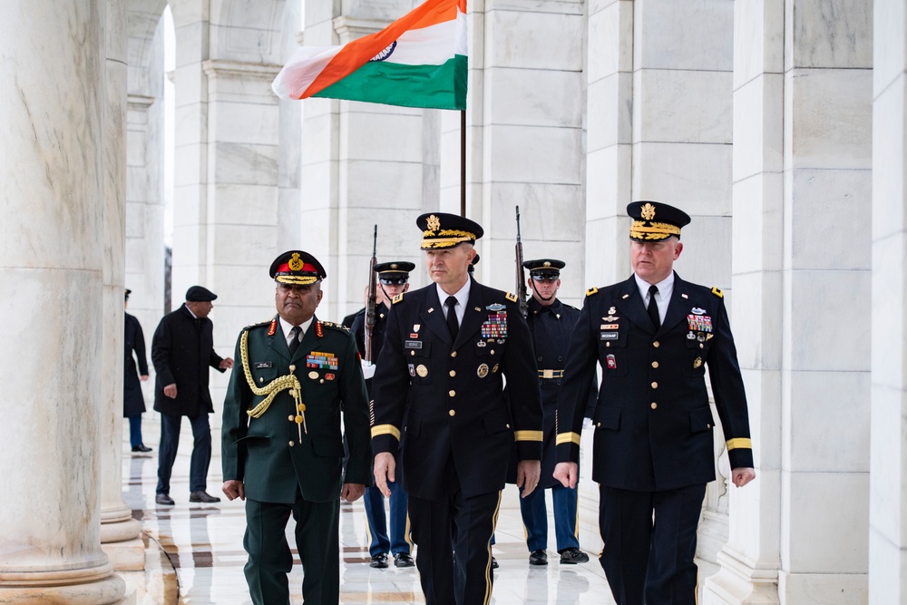 Chief of Staff of the India Army Gen. Manoj Pande Participates in an Army Full Honors Wreath-Laying Ceremony at the Tomb of the Unknown Soldier