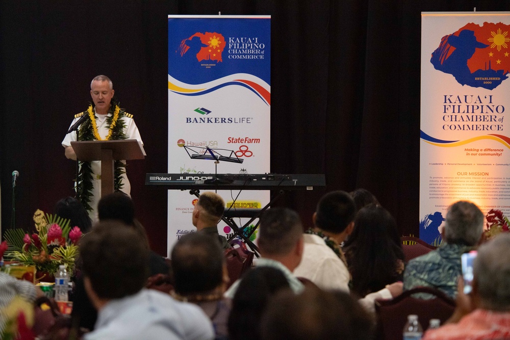 Capt. Brett Stevenson, Commanding Officer of PMRF, Speaks at the Kauai Fillipino Chamber of Commerce Installation Dinner