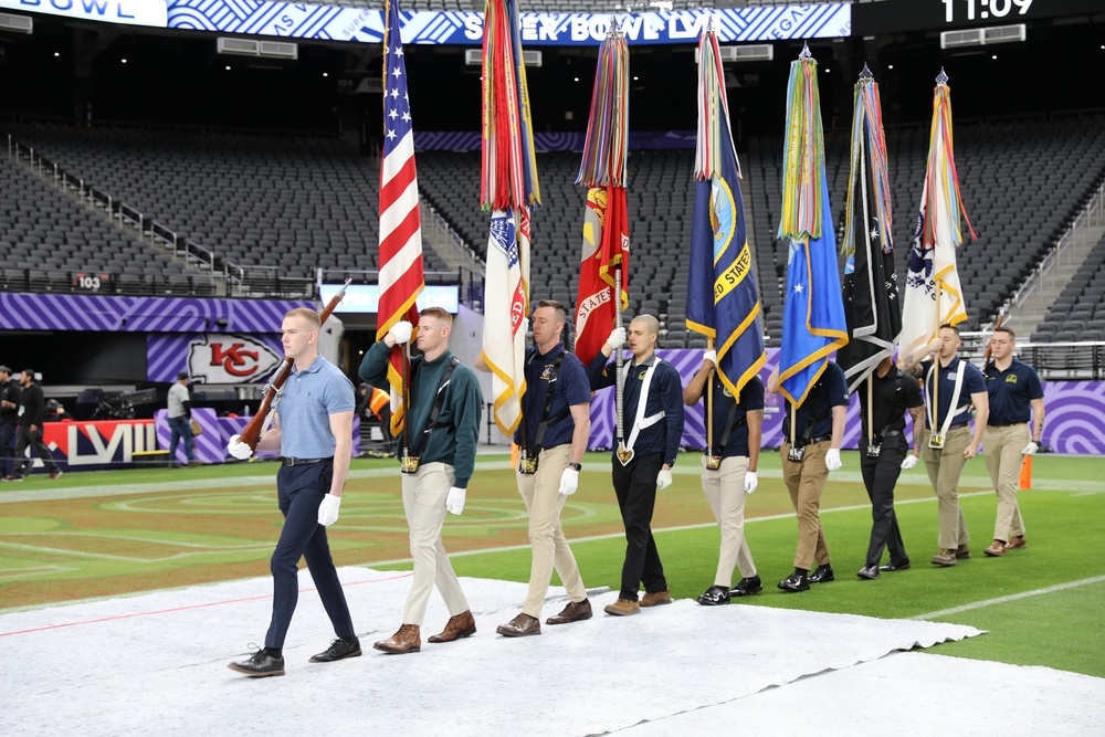 Joint Armed Forces Color Guard Rehearses Before Super Bowl LVIII