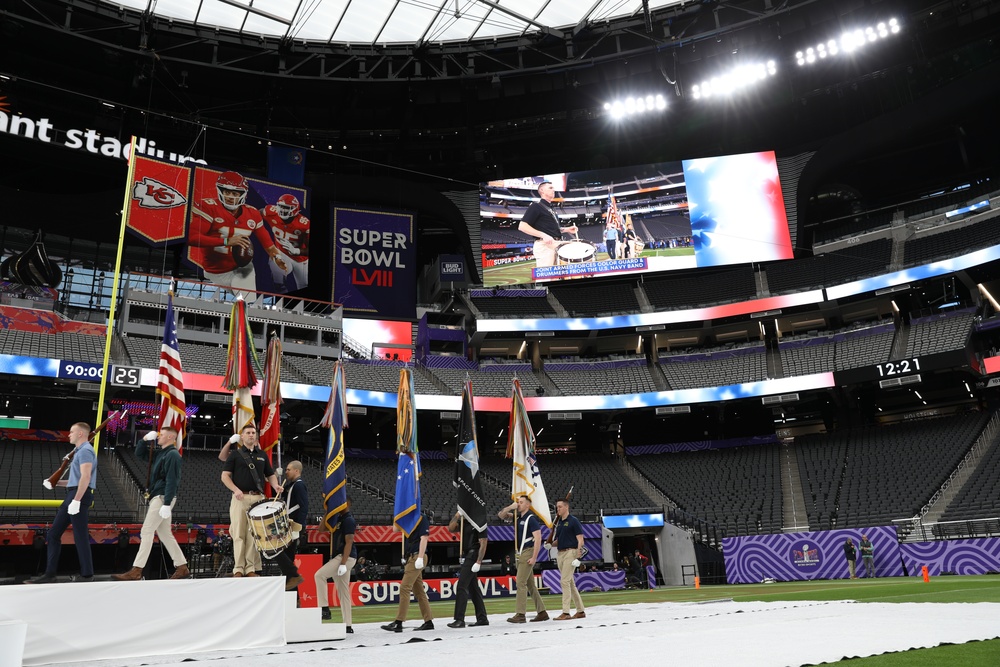 Joint Armed Forces Color Guard Rehearses Before Super Bowl LVIII