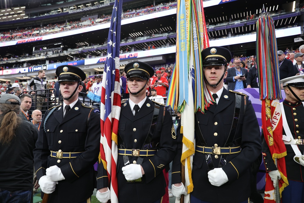 Joint Armed Forces Color Guard Presents the Colors Before Super Bowl LVIII