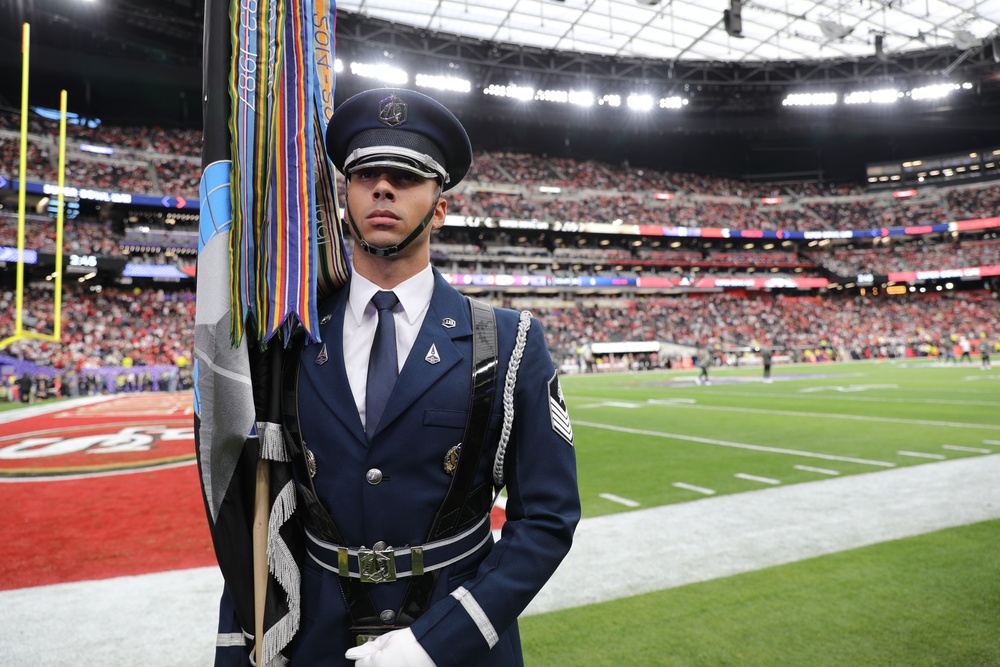 Joint Armed Forces Color Guard Presents the Colors Before Super Bowl LVIII