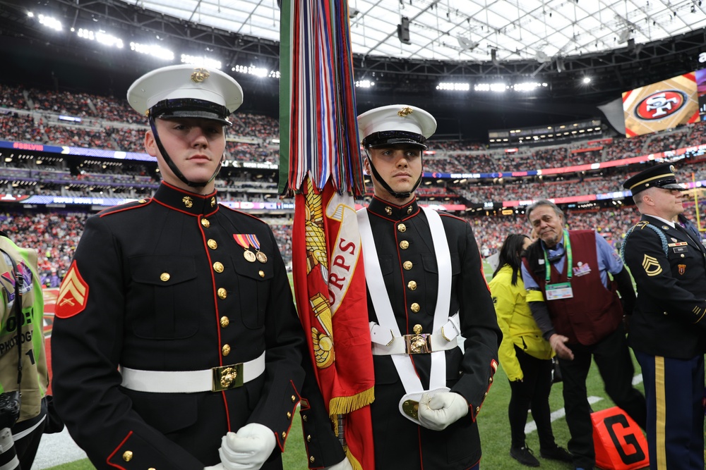 Joint Armed Forces Color Guard Presents the Colors Before Super Bowl LVIII